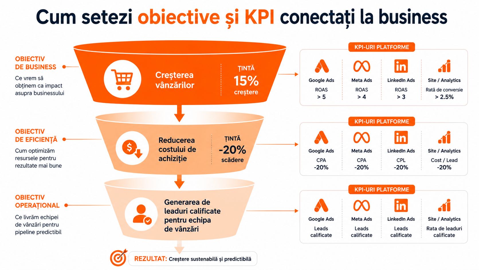 Infografic care explică modul de setare a obiectivelor de business și a KPI-urilor pe platforme publicitare digitale.
