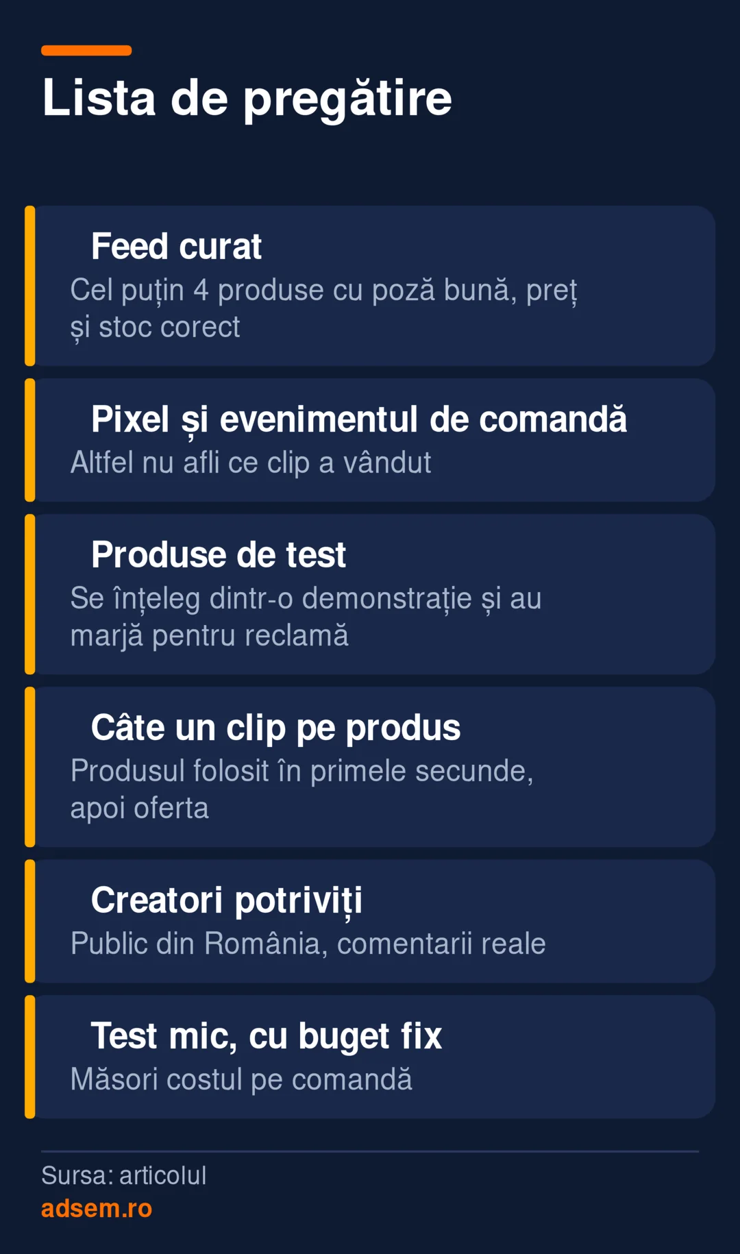 Listă de pregătire în 6 puncte: feed curat, pixel și eveniment de comandă, produse de test cu marjă, câte un clip pe produs, creatori din categoria ta, test mic cu buget fix.